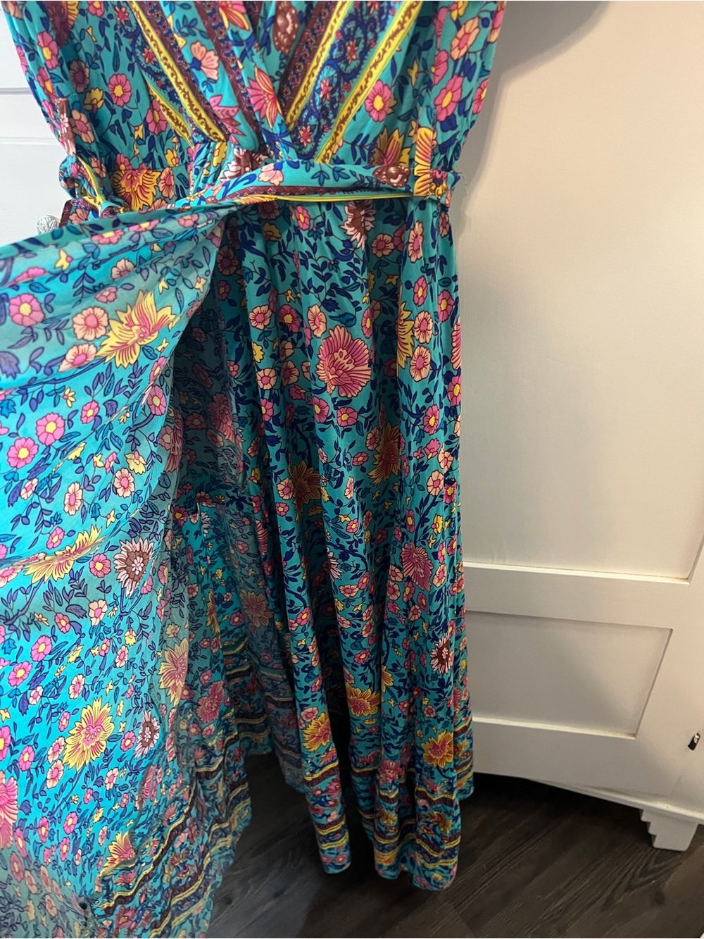 BloomChic Teal Floral Maxi Dress with Waist Tie - Picture 6 of 10